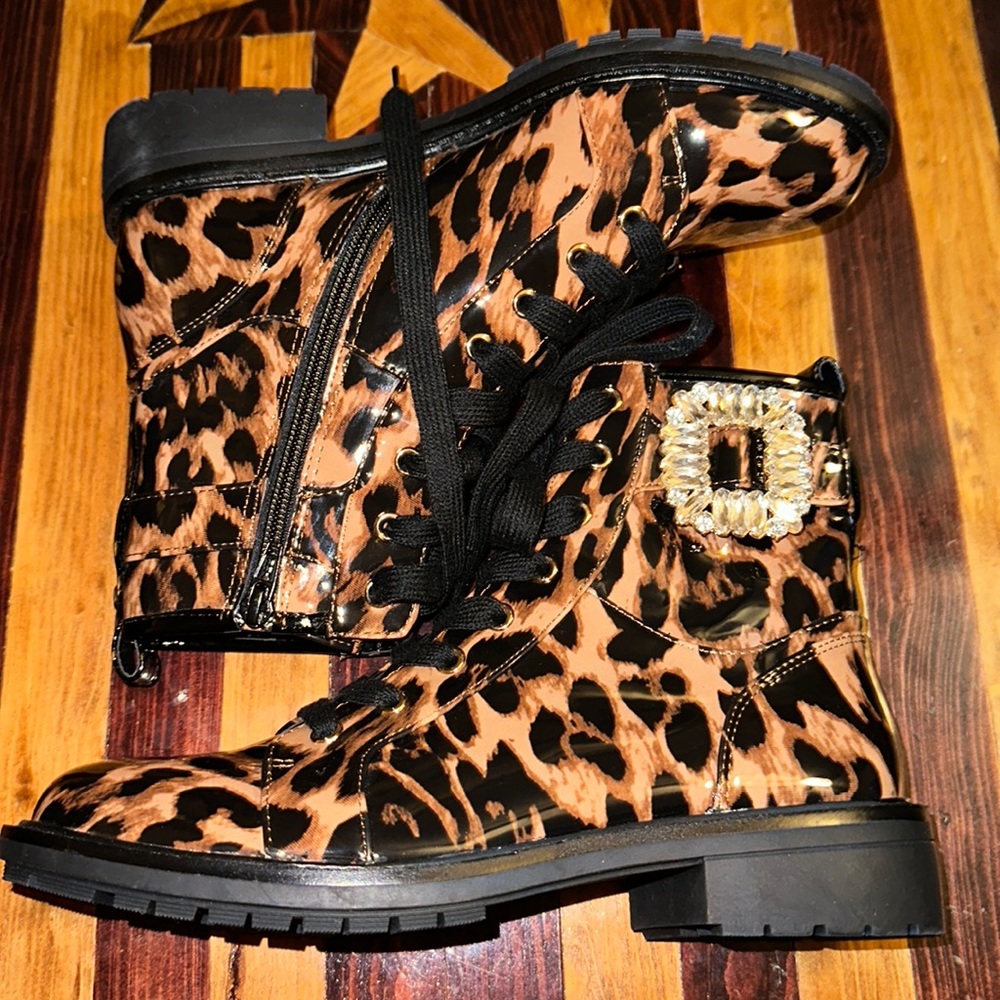 Alex Marie Tialana Leopard Print Patent Rhinestone Buckle Bootie